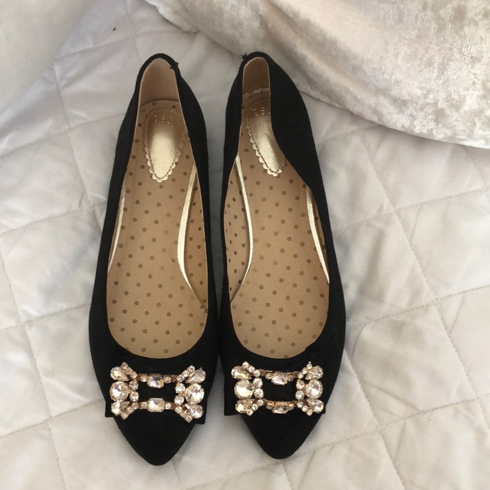 Velvet black flats, With diamond accents